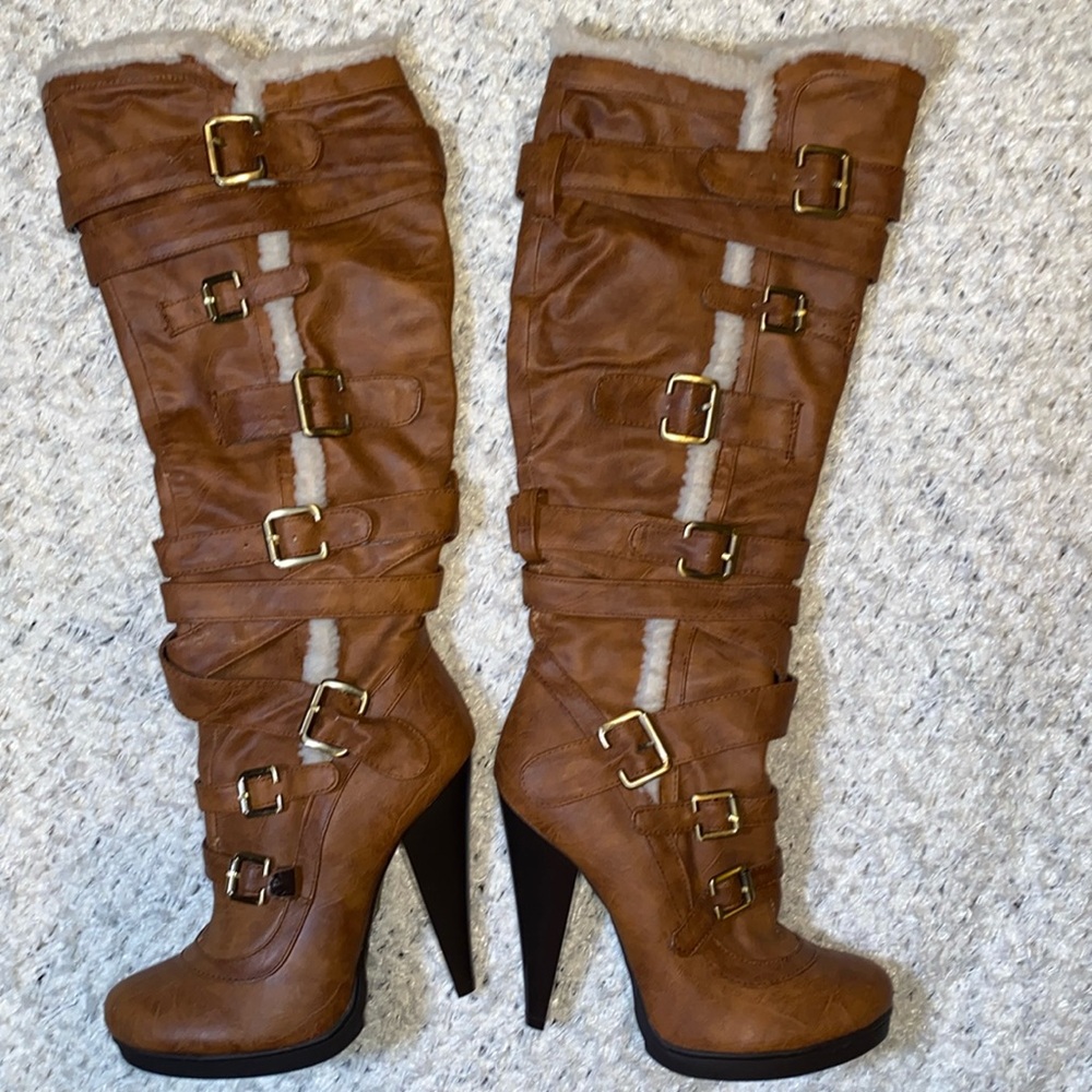 Brown faux leather high heel knee high boots